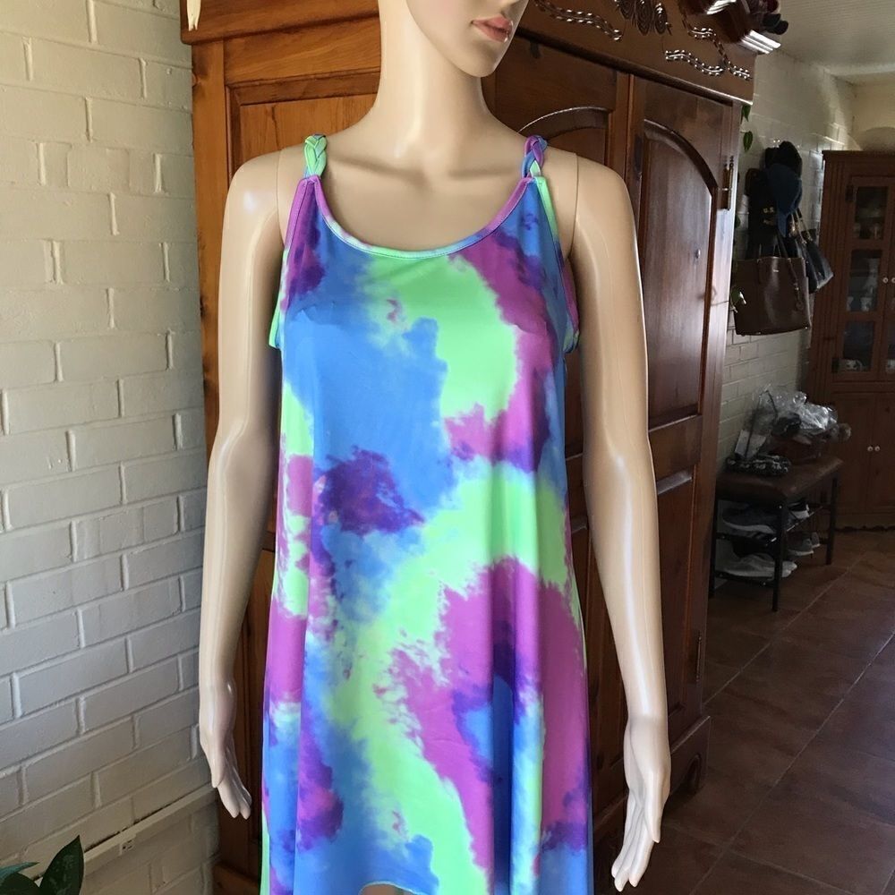TIE dye mini sundress swim coverup high low NWOT summer beach party - Picture 2 of 10